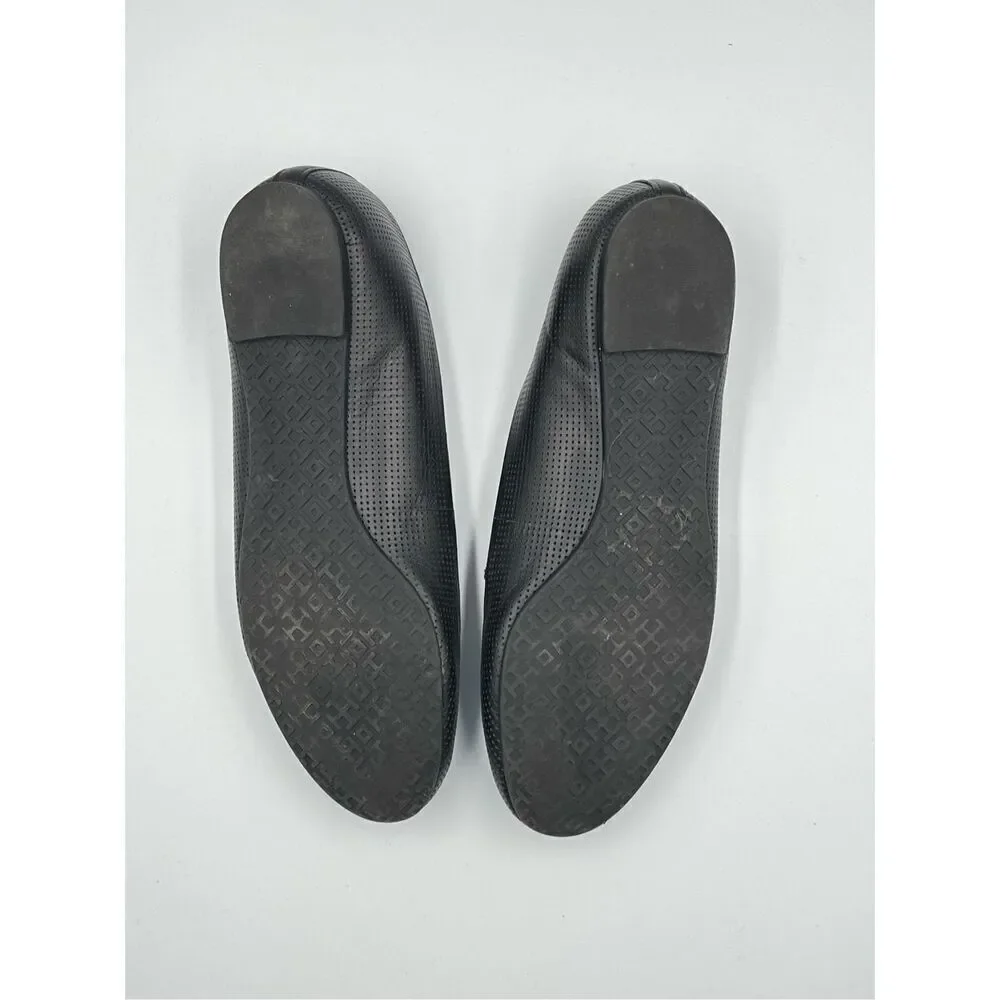 Tory Burch Lowell 2 Perforated Black Leather Ballerina Ballet Flat w Logo Size 7